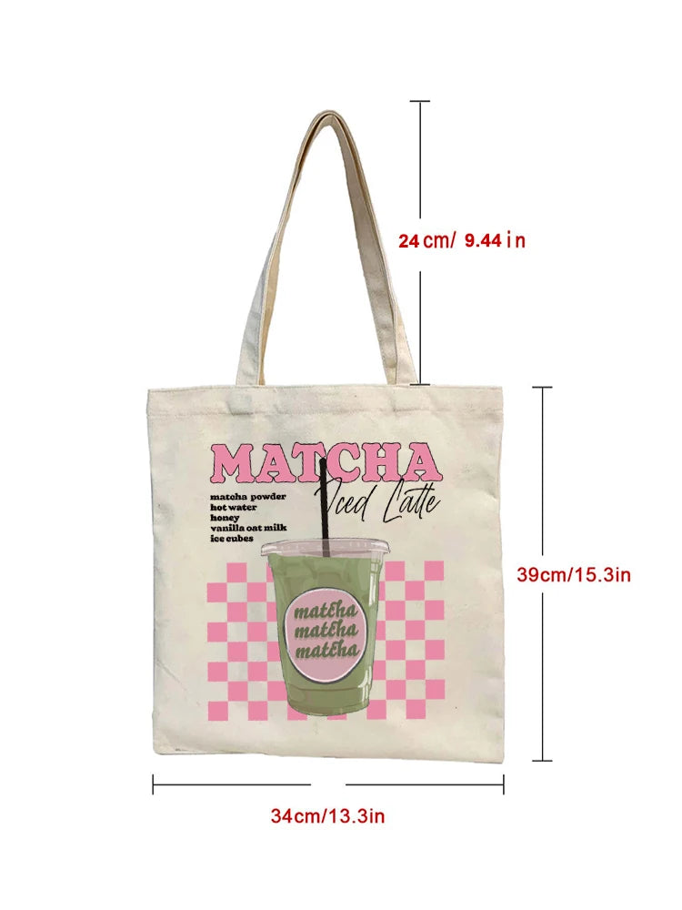 Schéma des dimensions du tote bag : 39 cm de hauteur, 34 cm de largeur, anses de 24 cm — Aoti Matcha