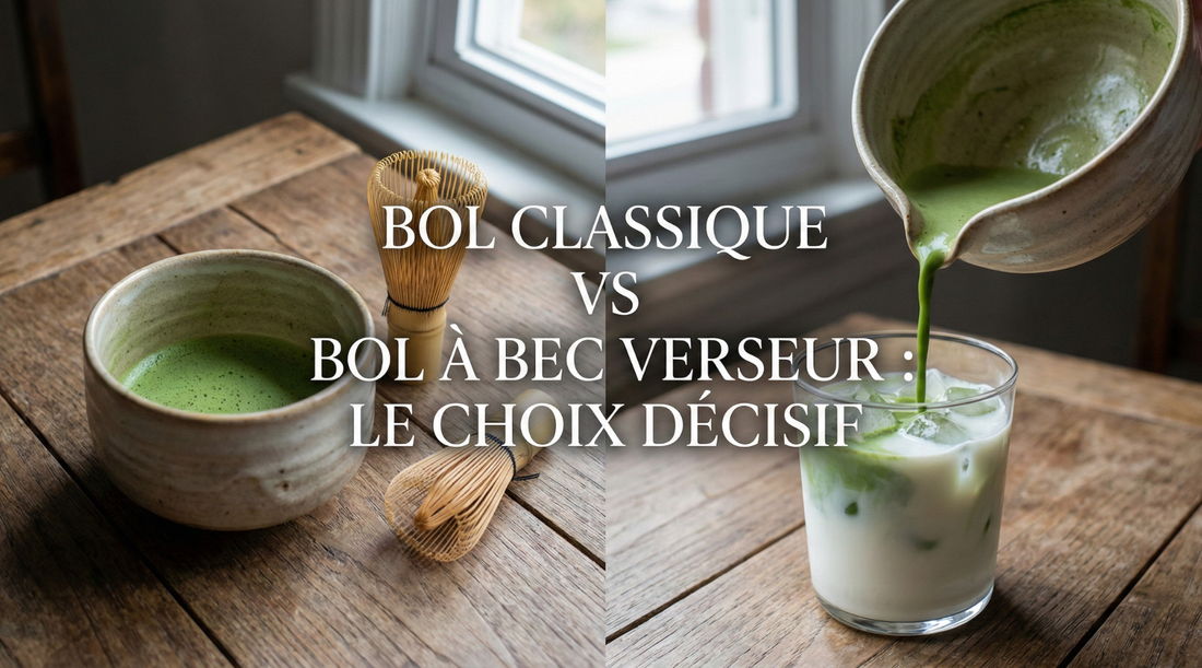 Bol à matcha chawan classique et bol katakuchi à bec verseur présentés côte à côte — Aoti Matcha