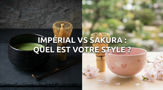 Coffret matcha Impérial en céramique noire et coffret Sakura en céramique rose côte à côte — Aoti Matcha