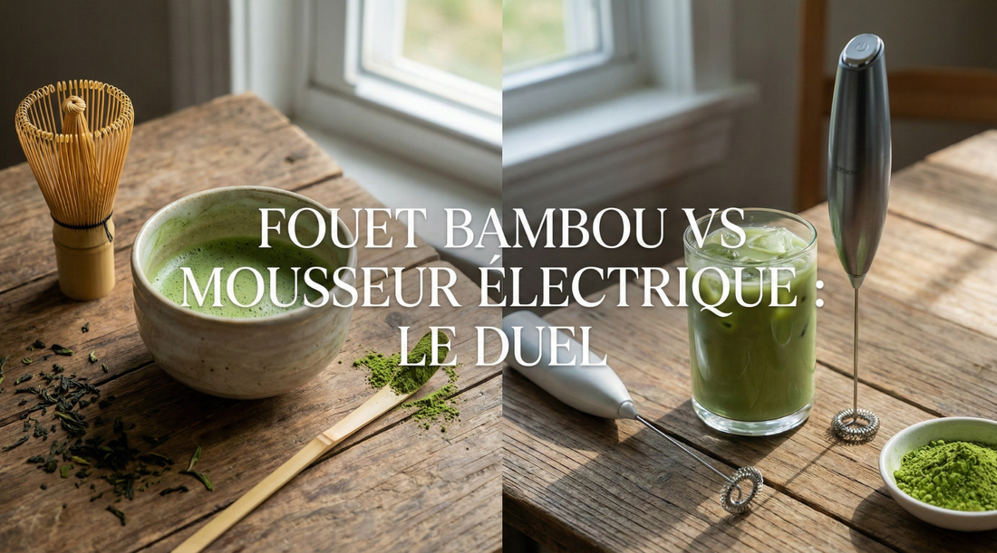 Fouet chasen en bambou et mousseur électrique inox posés côte à côte pour comparaison — Aoti Matcha