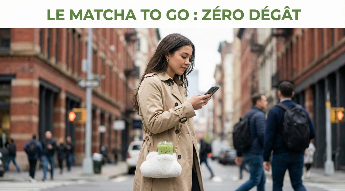 Porte-gobelet en peluche tenu à la main pour emporter un matcha latte glacé — Aoti Matcha