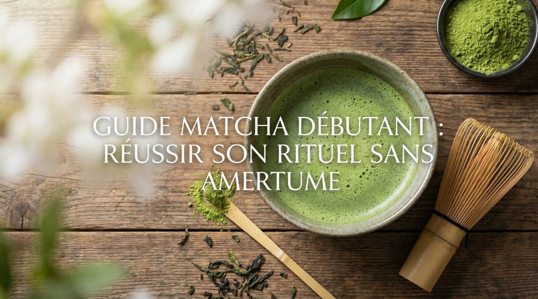 Bol à matcha, fouet chasen en bambou et cuillère chashaku disposés pour préparer un matcha sans amertume — Aoti Matcha