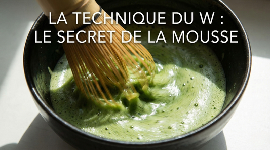 Geste en W du fouet chasen dans un bol à matcha pour monter la mousse — Aoti Matcha