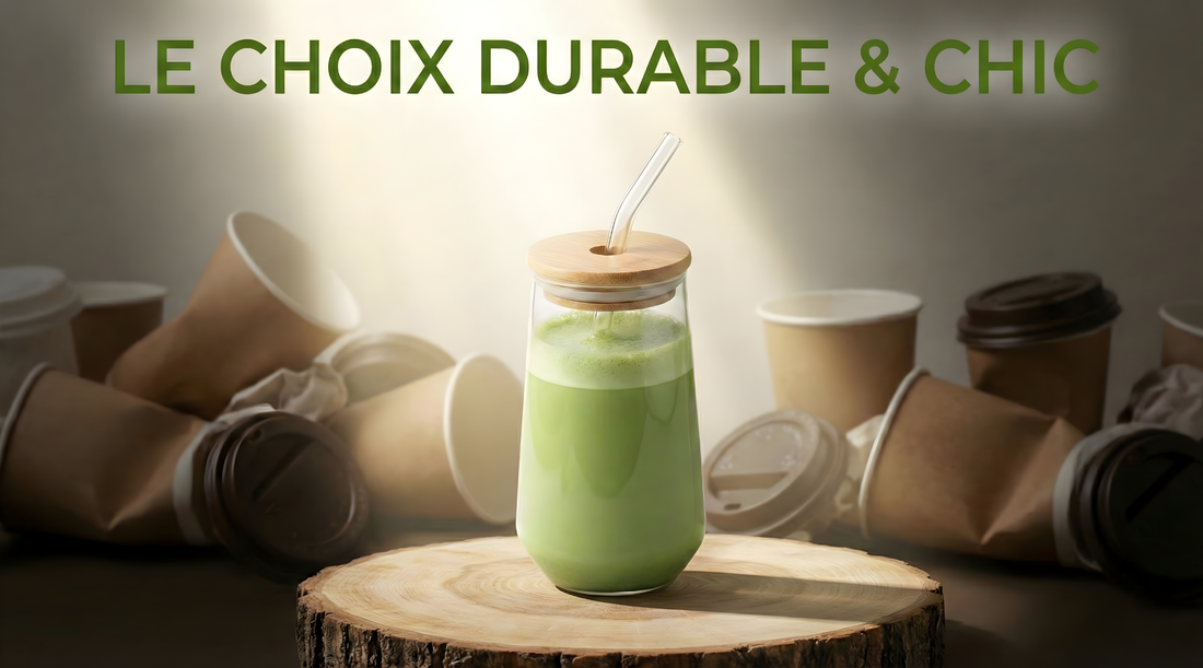 Verre réutilisable à paille de verre opposé à des gobelets jetables empilés — Aoti Matcha