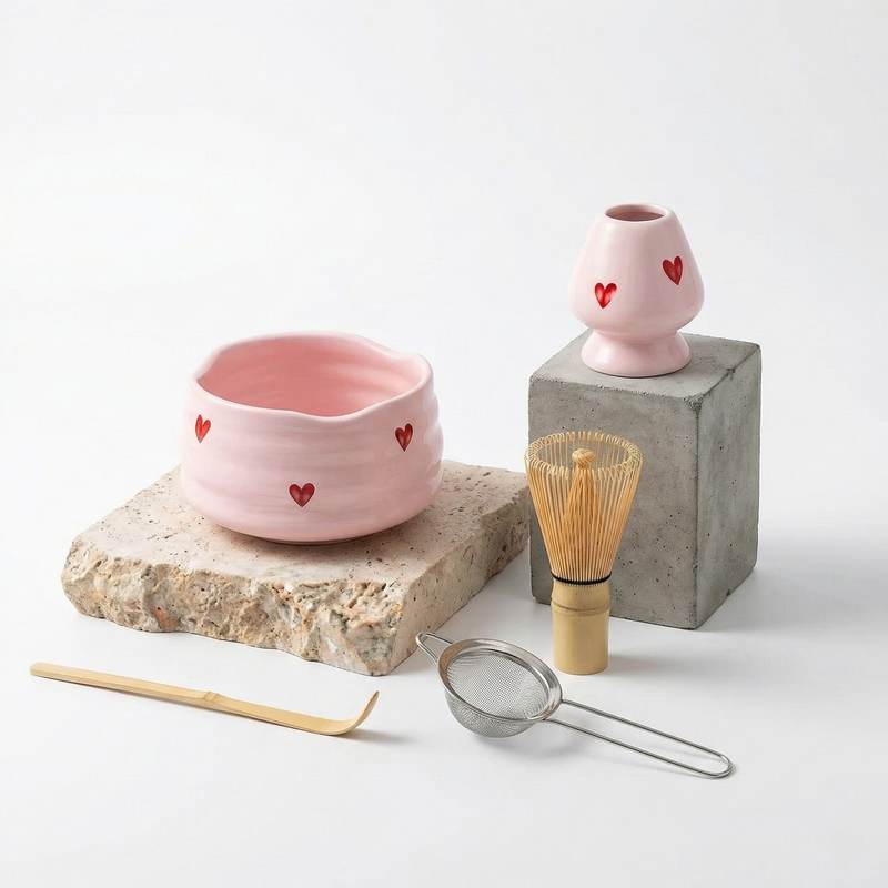 Kit Matcha Rose Céramique Cœur – Coffret Sakura 5 Pièces Aoti