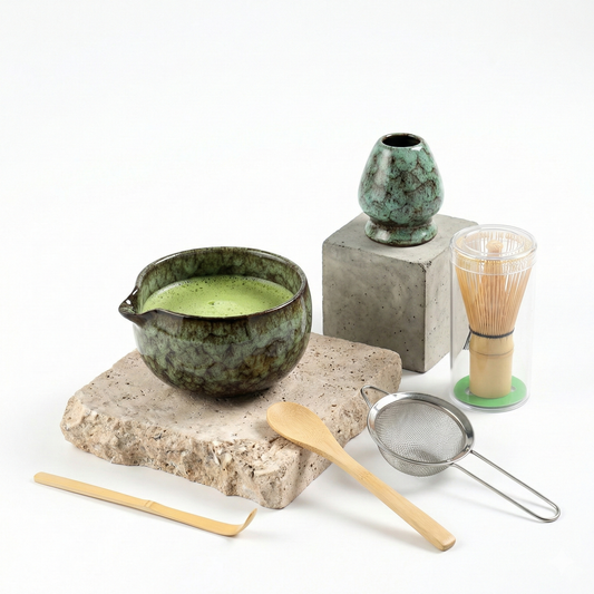 Coffret matcha six pièces, bol à bec verseur et support de fouet en céramique turquoise craquelée — Aoti Matcha