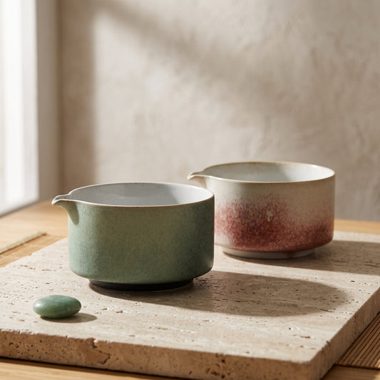 Les deux finitions du bol matcha à bec verseur Onde, Mousse et Braise, sur pierre de travertin — Aoti Matcha